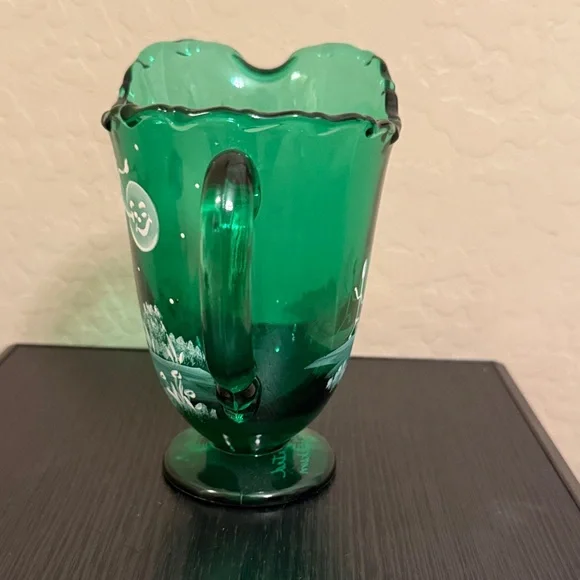 Fenton Green Glass Pitcher with Whimsical White Design - Picture 3 of 10